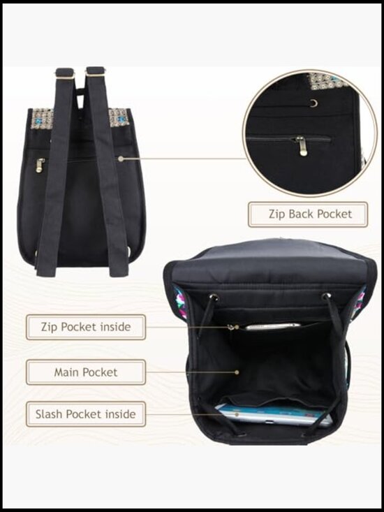 Floral Embroidery Canvas Drawstring Backpack Vintage Daypack Travel Shoulder Bag